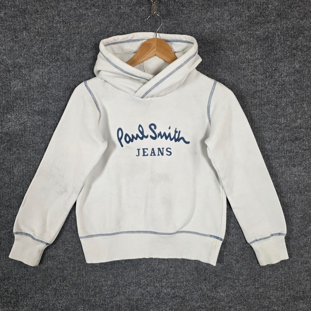 Paul Smith Jeans White Logo Hoodie Crossover Hood Cotton Sweatshirt XS S